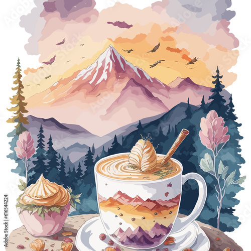 Set with coffee drinks for cafe or coffeehouse menu. Illustration of strong espresso, gentle latte, sweet macchiato and cappuccino, Viennese coffee and glace. Markers, watercolor.