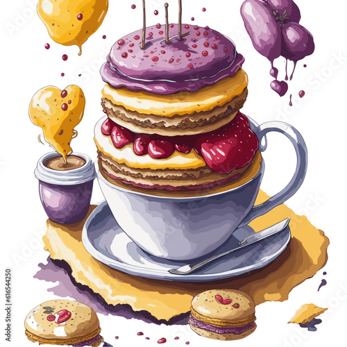 Set with coffee drinks for cafe or coffeehouse menu. Illustration of strong espresso, gentle latte, sweet macchiato and cappuccino, Viennese coffee and glace. Markers, watercolor.