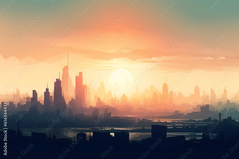 Naklejka premium Aerial view of a modern city skyline at sunset.