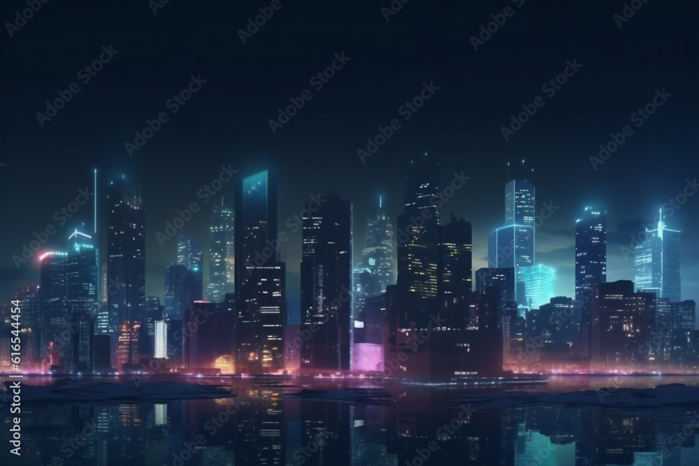 City skyline at night illuminated with vibrant lights