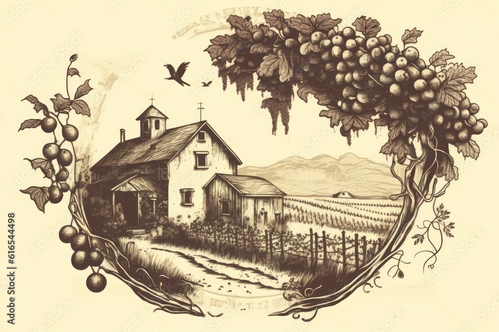scenic vineyard with a rustic house and ripe grapes hanging from the vines. Generative AI