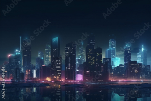 City skyline at night illuminated with vibrant lights