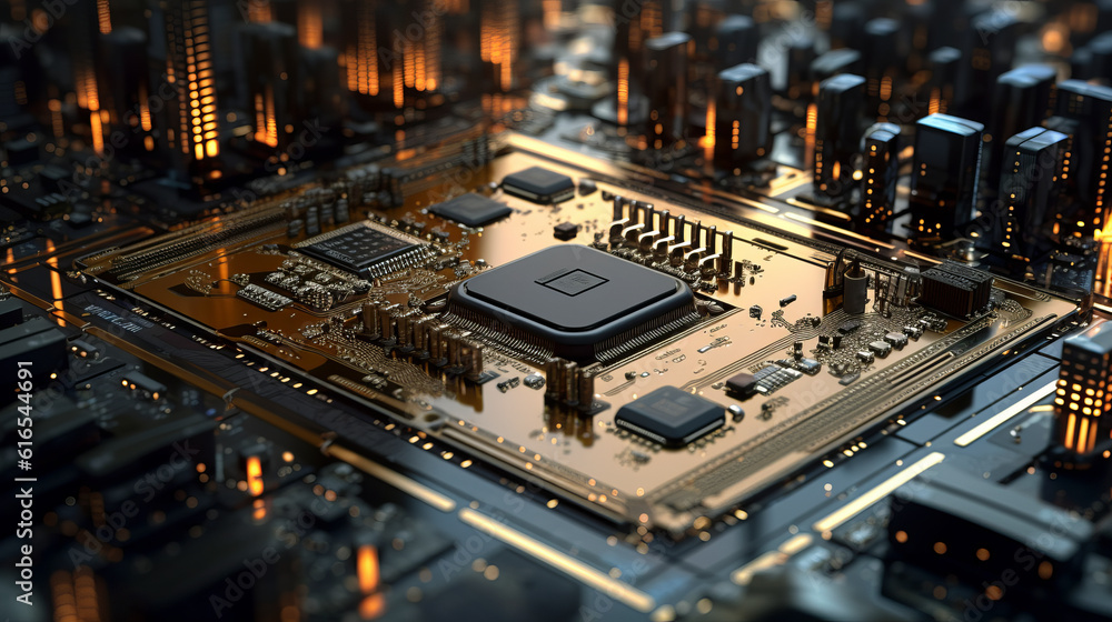 Futuristic rendering of a computer circuit board.