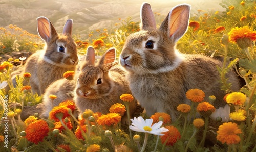  three rabbits are sitting in a field of flowers and daisies. generative ai