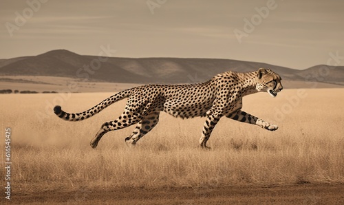  a cheetah running across a dry grass covered field. generative ai