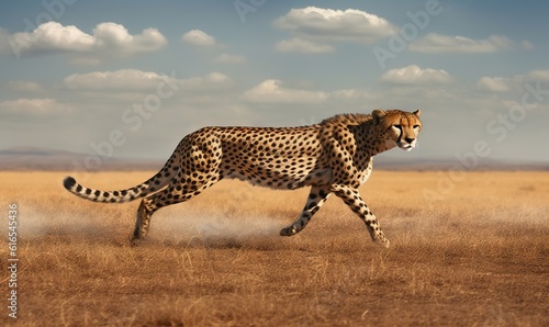  a cheetah running across a dry grass field with clouds in the background. generative ai