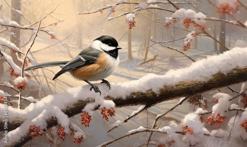  a painting of a bird perched on a branch in the snow. generative ai
