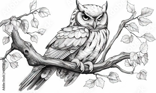  a drawing of an owl sitting on a branch with leaves.  generative ai
