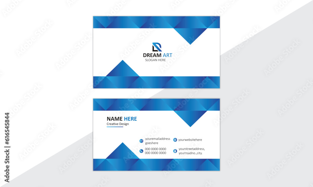 Blue gradient business card design. In triangle shape, with a place of giving logo. Simple eye catching design design. Template design. 