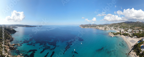 Panoramic view of Peguera resort in Majorca island. Beautiful scene of the seacost with a blue sea and Mediterranean landscape 