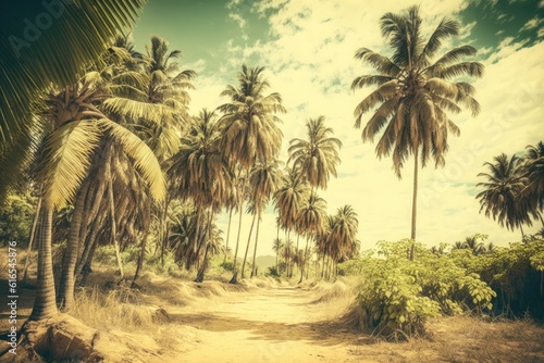 sunny day on a palm tree lined dirt road. Generative AI