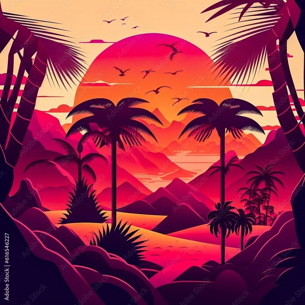 Vector illustration picture of a view of the sun above mountains through a forest
