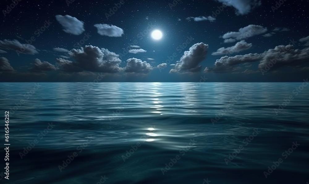 a full moon over the ocean with clouds in the sky.  generative ai