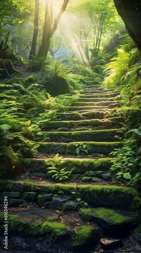 Stunning mysterious road steps that leads to a mystical world, fairytale path hides among the green trees
