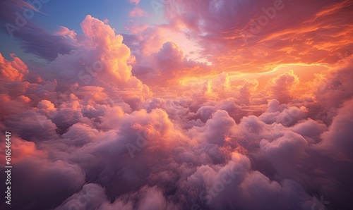  a view of a sunset from an airplane window with clouds.  generative ai © Anna
