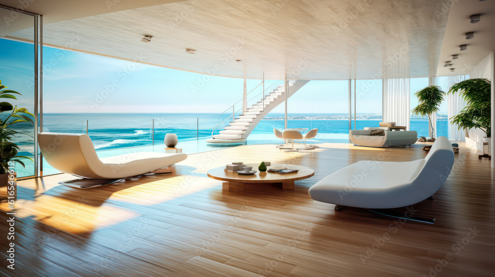 3D render, Modern Interior Ocean Concept: Embracing the Timeless Elegance and Tranquility of Aesthetics, Creating a Harmonious Fusion of Indoor and Outdoor Spaces