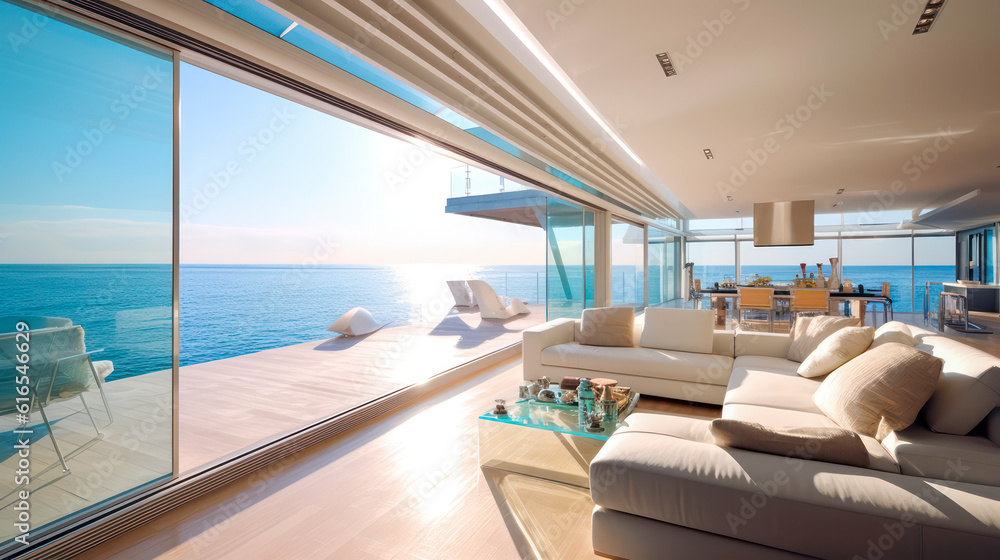 Obraz premium 3D render, Modern Interior Ocean Concept: Embracing the Timeless Elegance and Tranquility of Aesthetics, Creating a Harmonious Fusion of Indoor and Outdoor Spaces