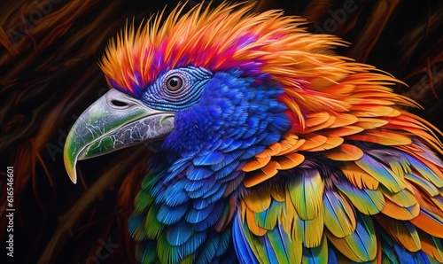  a colorful bird with a long beak and multicolored feathers.  generative ai © Anna