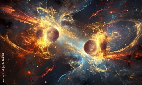  a computer generated image of two balls of fire in space.  generative ai