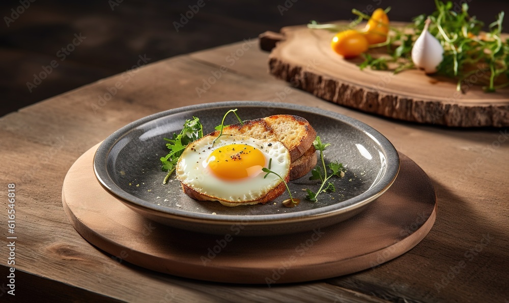  a plate with a fried egg on top of toast on a wooden table.  generative ai
