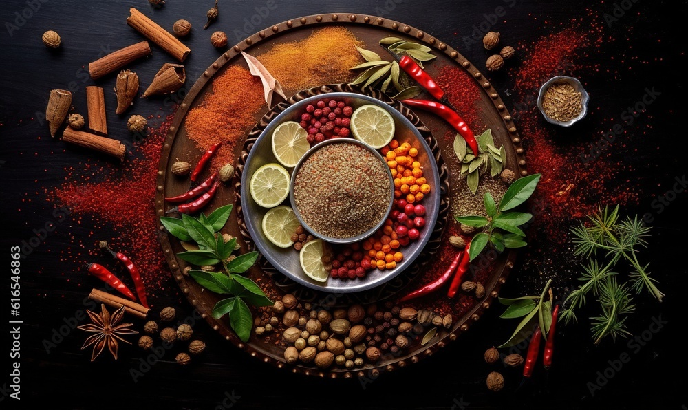  a plate of food with spices, spices, and spices on it.  generative ai
