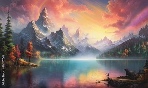  a painting of a mountain lake with a rainbow in the sky. generative ai