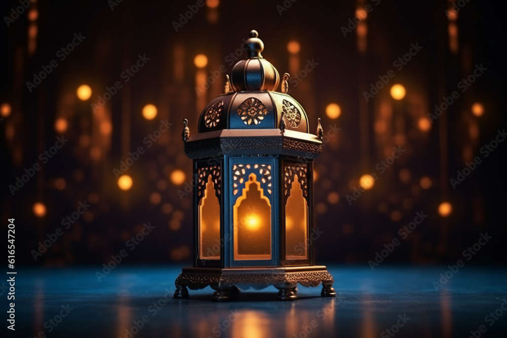 Ramadan lantern flashing in a dark place with lights in the background Ramadan lantern flashing in a dark place with lights in the background