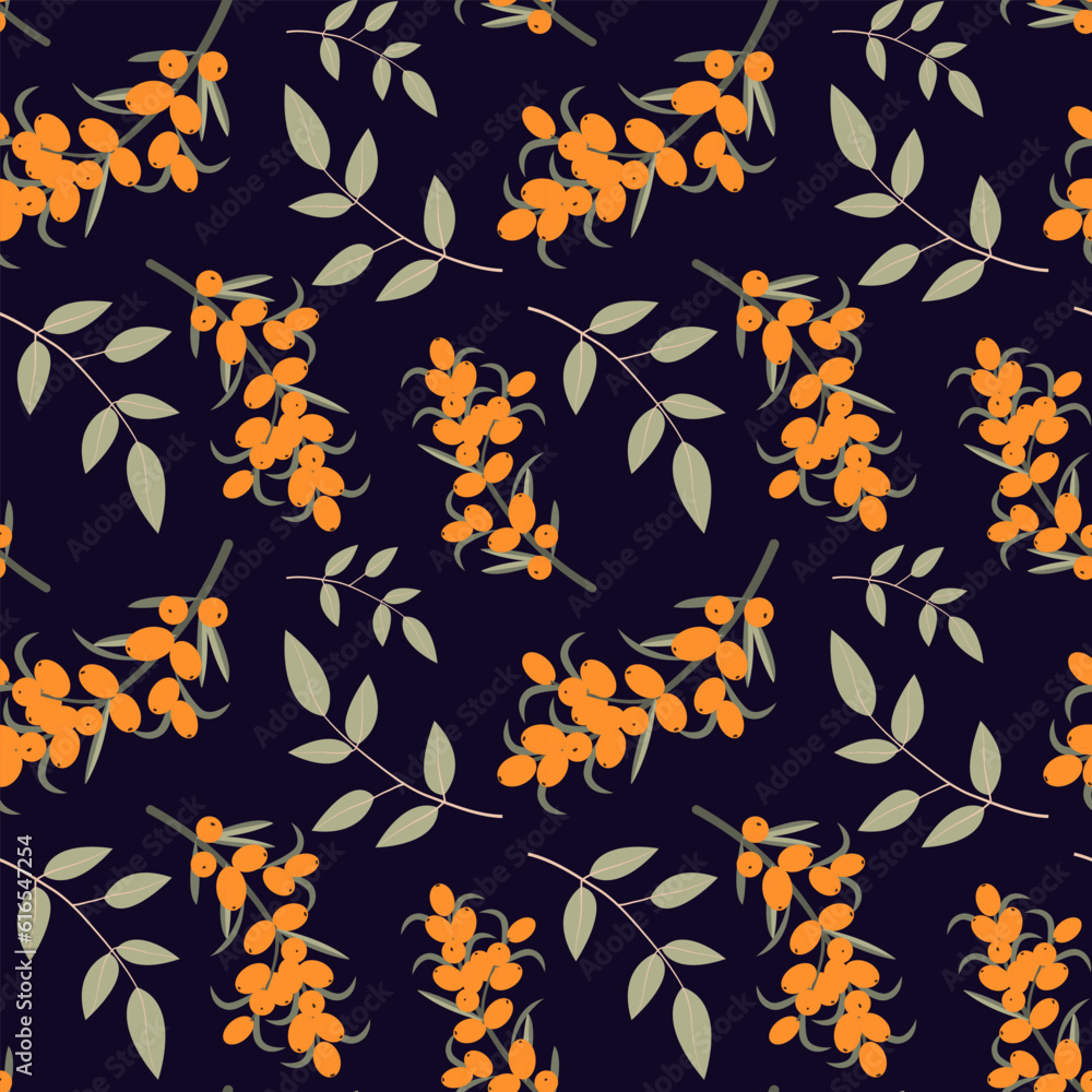 Cute sea buckthorn seamless pattern. Bright sea buckthorn berries ...