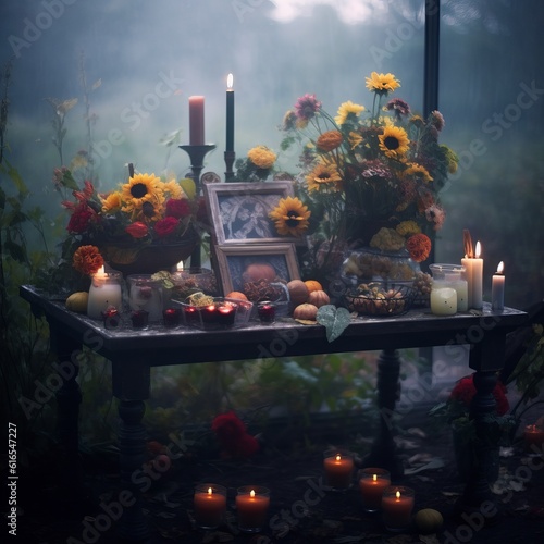 An altar for Day of the Dead, Dia de Los Muertos, Generative AI. 