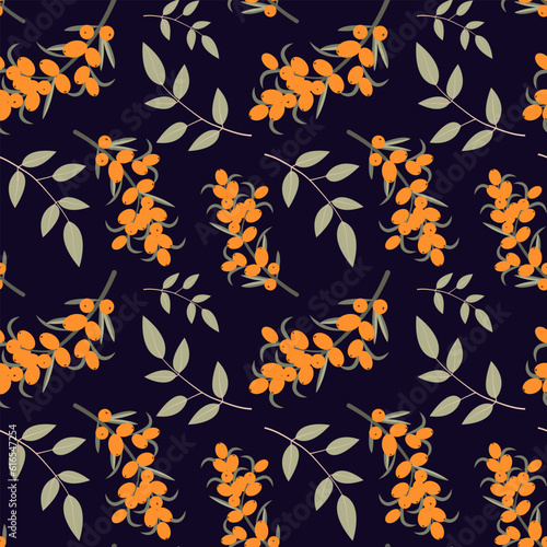 Cute sea buckthorn seamless pattern. Bright sea buckthorn berries, twigs and leaves isolated on dark background