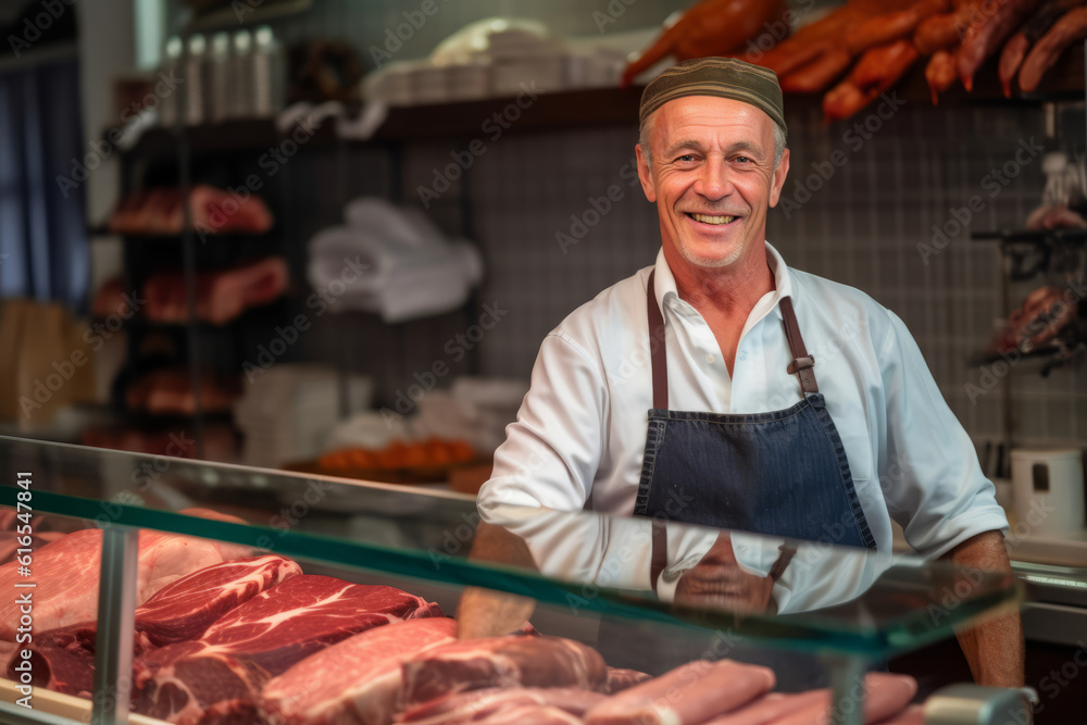 Smiling butcher in front of the meat counter of the butcher shop. Generative AI Smiling butcher in front of the meat counter of the butcher shop. Generative AI