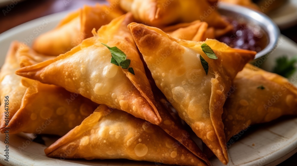 Delicious samosas close up. Generative AI. Delicious samosas close up. Generative AI.