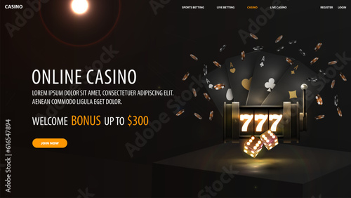 Online casino, dark web banner with black neon slot machine, black playing cards, dice and poker chips on dark square podium