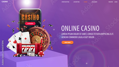 Online casino, purple web banner with square podium with smartphone, casino slot machine, roulette wheel, poker chips and playing cards