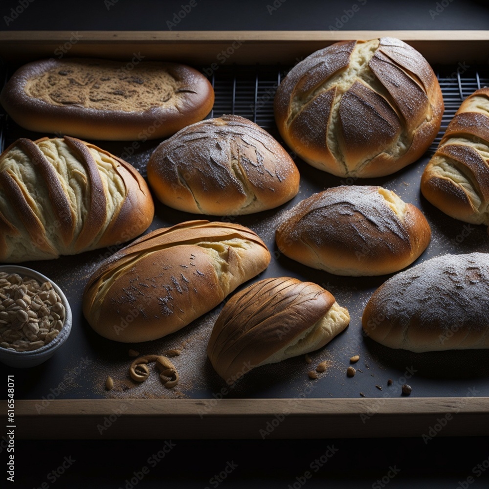 A platter of freshly baked bread, still warm from the oven, with a variety of shapes and textures demonstrating the art of artisanal baking.