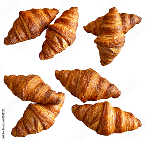 Freshly baked croissants isolated on white background, top view