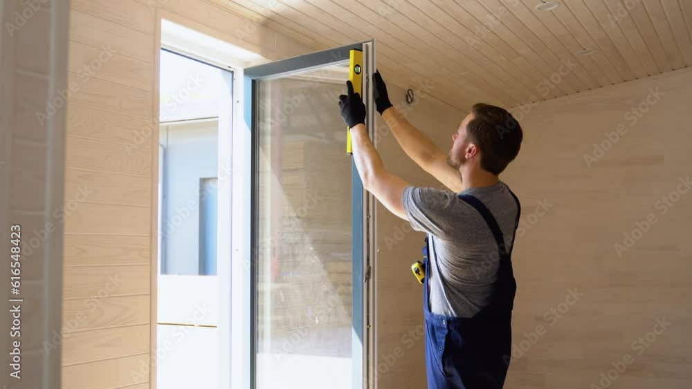 Worker measures of the vertical deviation of pvc windows in wooden mobile home Worker measures of the vertical deviation of pvc windows in wooden mobile home