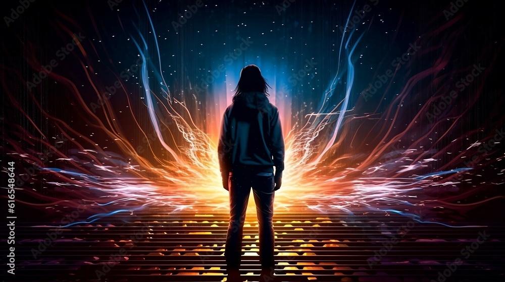 An illustration of a RockStar standing in front of a glowing aura energy Generated by AI