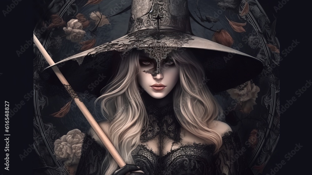 Beautiful witch style girl in gothic clothes with a staff. Witch's Night or All Saints' Eve. Concept: mysticism, game characters, halloween. Generative AI
Beautiful witch style girl in gothic clothes with a staff. Witch's Night or All Saints' Eve. Concept: mysticism, game characters, halloween. Generative AI