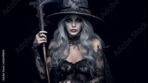  Beautiful witch style girl in gothic clothes with a staff. Witch's Night or All Saints' Eve. Concept: mysticism, game characters, halloween. Generative AI