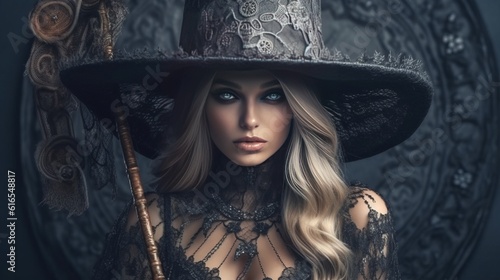 Beautiful witch style girl in gothic clothes with a staff. Witch's Night or All Saints' Eve. Concept: mysticism, game characters, Halloween. 