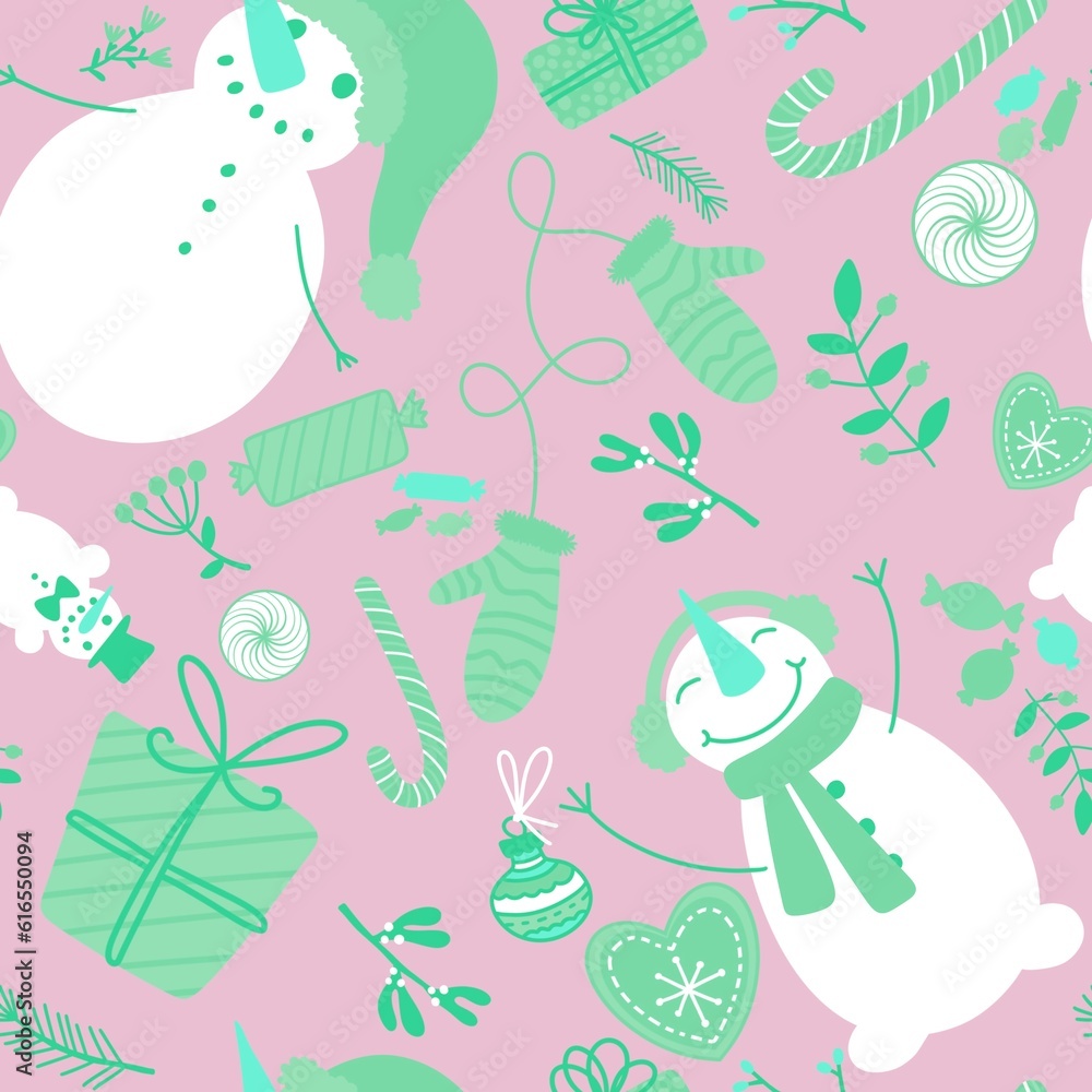 Christmas snowman seamless candy and flower and gift box and gloves pattern for wrapping paper and fabrics Christmas snowman seamless candy and flower and gift box and gloves pattern for wrapping paper and fabrics