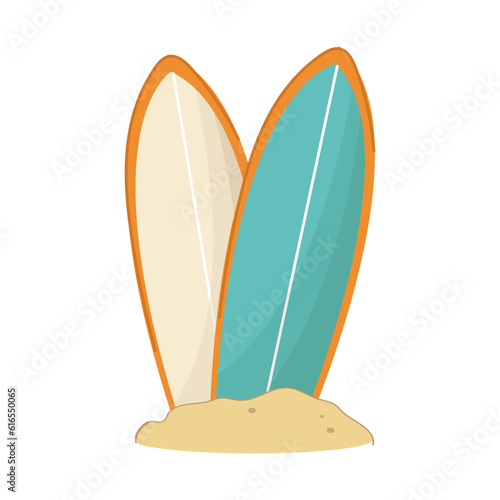 Two surfing boards on a beach.