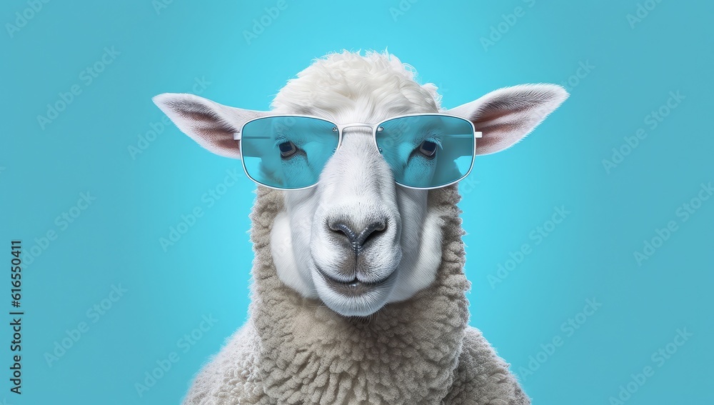 Obraz premium Sheep wearing sunglasses against a blue backdrop.