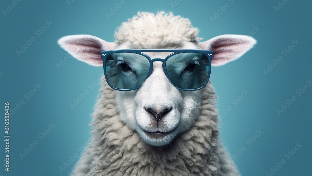 Obraz premium Sheep wearing sunglasses against a blue backdrop.