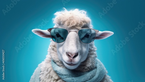 Sheep wearing sunglasses against a blue backdrop.