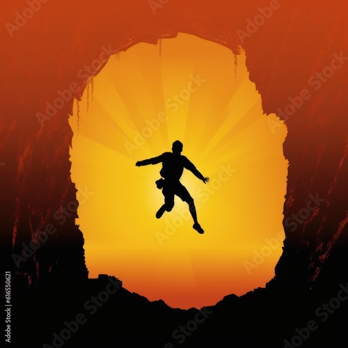 silhouette of man climbing ladder and sunset