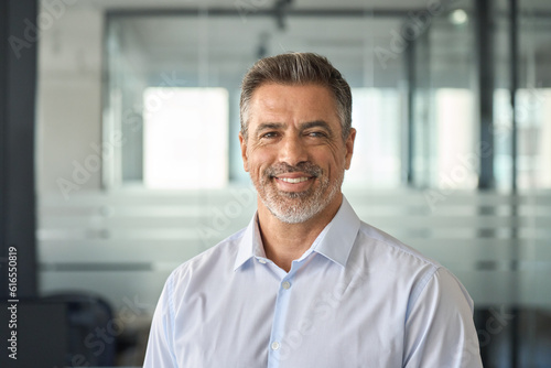 Happy mid aged older business man executive standing in office. Smiling 50 year old mature confident professional manager, confident businessman investor looking at camera, headshot close up portrait.