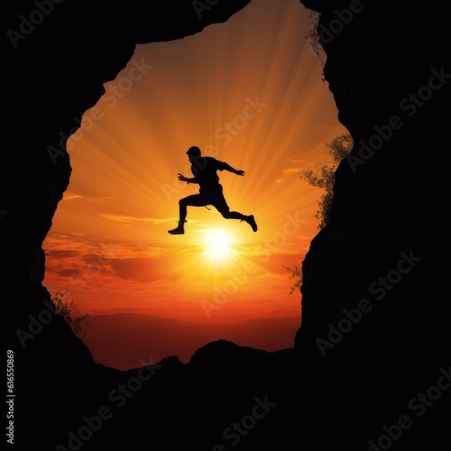 silhouette of man climbing ladder and sunset