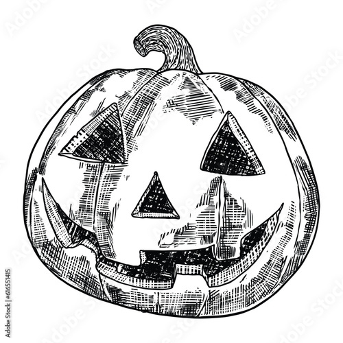 Happy Halloween scary smiling pumpkin. Celebrating Jack O Lantern pumpkin. Traditional Halloween harvest symbol and autumn holiday decor. Hand drawing sketch. Vector.